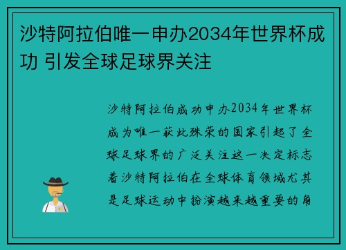 沙特阿拉伯唯一申办2034年世界杯成功 引发全球足球界关注