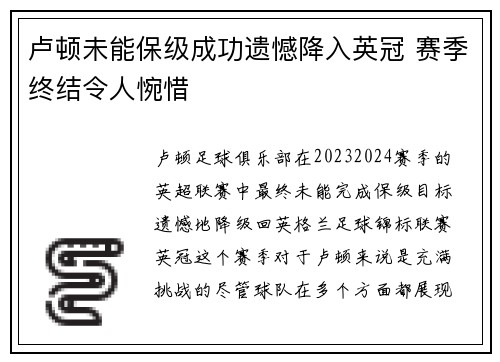 卢顿未能保级成功遗憾降入英冠 赛季终结令人惋惜 卢顿未能保级成功遗憾降入英冠 赛季终结令人惋惜
